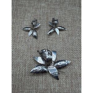 Vintage Sterling Silver Orchid Brooch & Earrings Set
